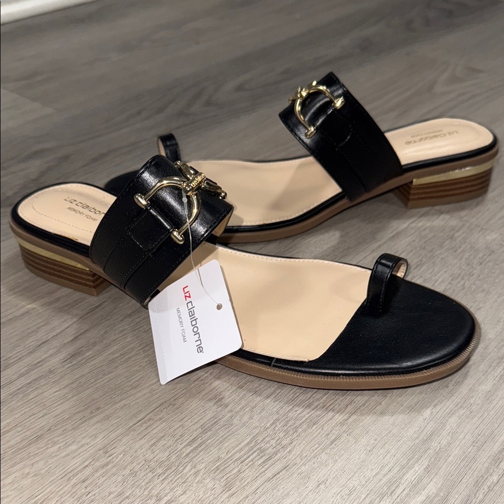 Liz Claiborne Argent Black Leather Sandals with Gold Accent